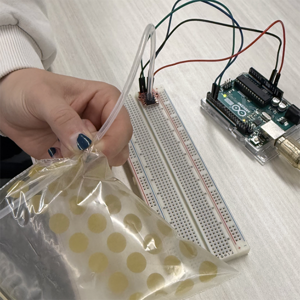 For this activity, Julie and I aimed to build a simple version of our final prototype to mimic our smart resistance band concept. Our goal was to test whether the sensor could continuously track air pressure and detect changes when the airbag was squeezed.